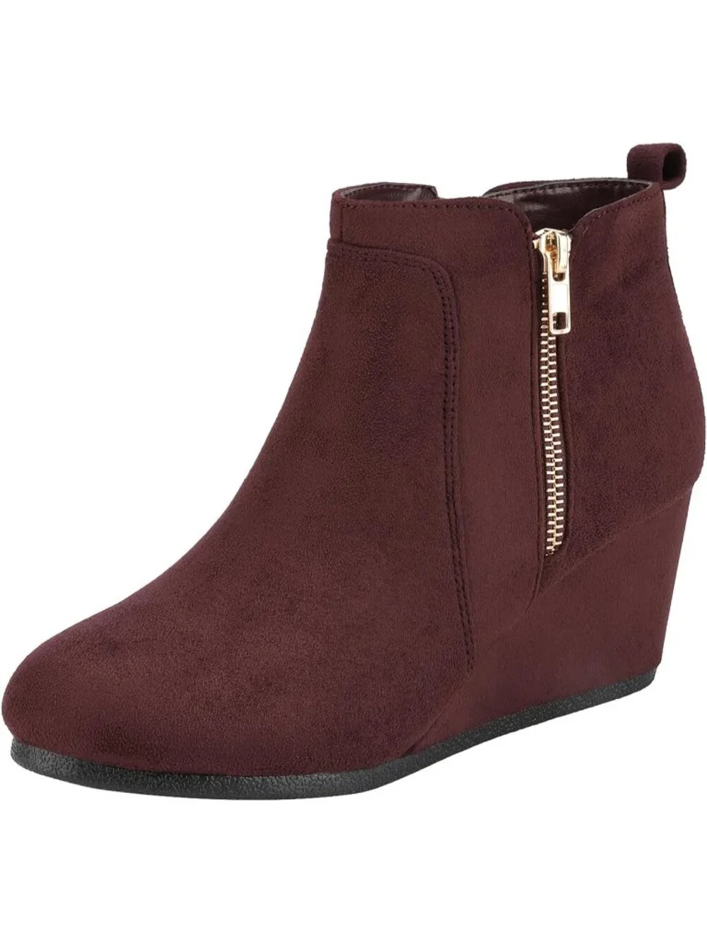 Women's Burgundy Faux Suede Cushioned Insole Fashion Wedges Casual Ankle Boots